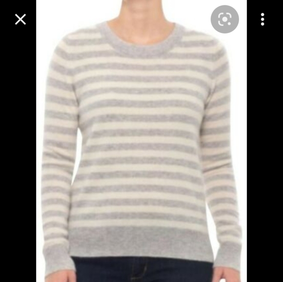 C&C California Sweaters - 100% Cashmere Gray Ivory Striped Crew Neck Sweater 2 ply C&C California Small